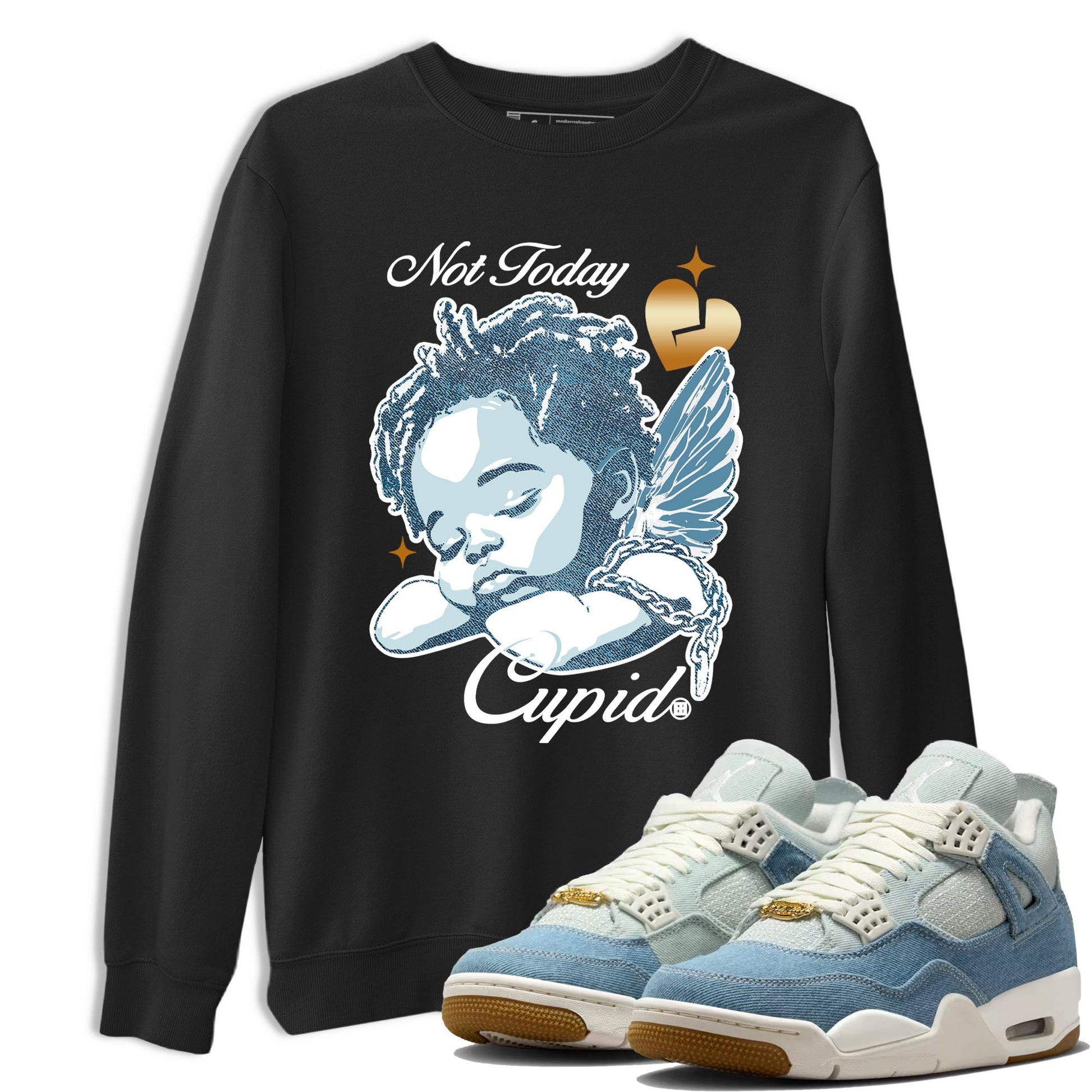 Sneaker match tees – Sneaker Tees To Match 4s Worn Blue Air Jordan 4 Denim Shoes – Not Today Cupid Tee Black 1