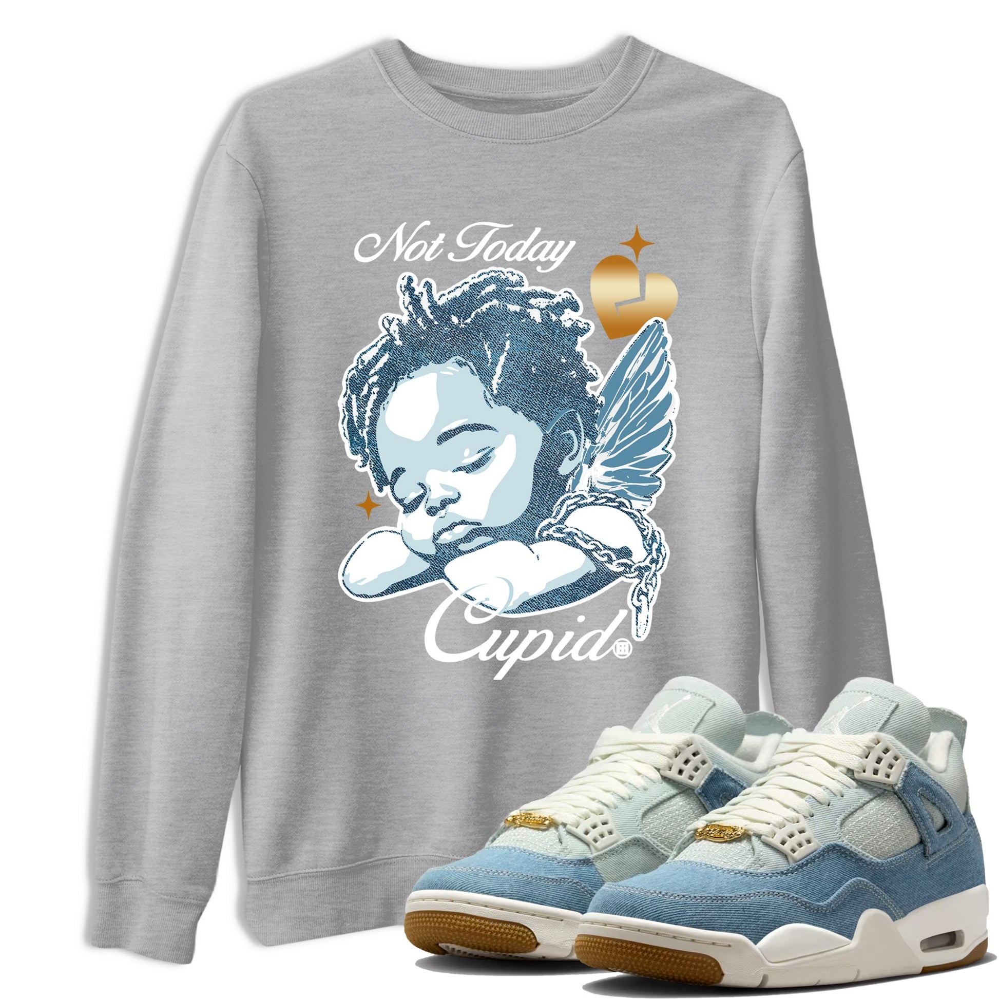 Sneaker match tees – Sneaker Tees To Match 4s Worn Blue Air Jordan 4 Denim Shoes – Not Today Cupid Tee Heather Grey 1