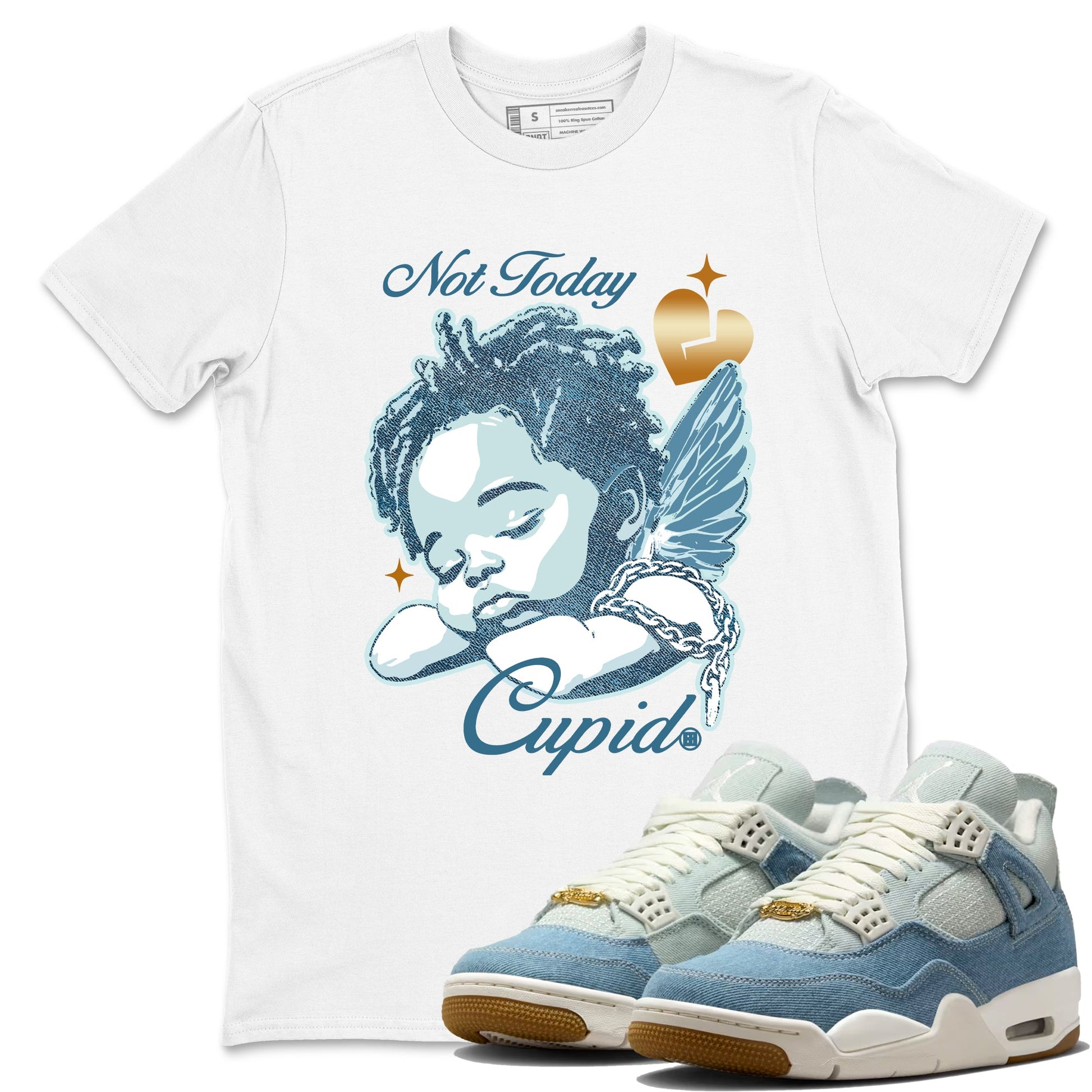 Sneaker match tees – Sneaker Tees To Match 4s Worn Blue Air Jordan 4 Denim Shoes – Not Today Cupid Tee White 1