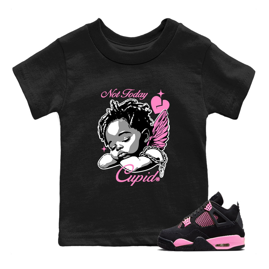 Perfect Valentine's Day Gifts graphic tee  – Sneaker Tees To Match Air Jordan 4 Pink Thunder – Not Today Cupid Kids Graphic T-Shirt Black 1