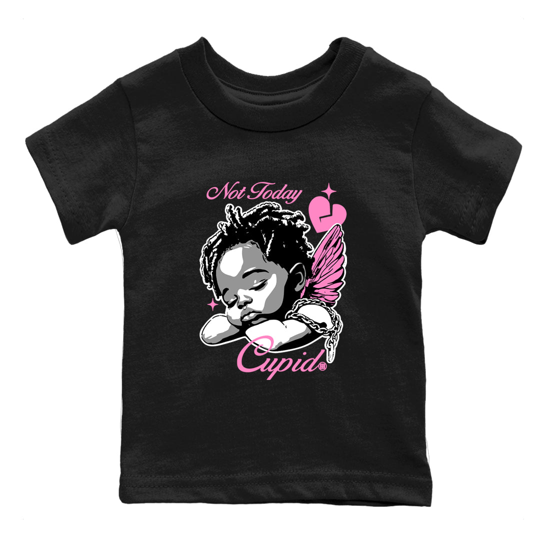 Perfect Valentine's Day Gifts graphic tee  – Sneaker Tees To Match Air Jordan 4 Pink Thunder – Not Today Cupid Kids Graphic T-Shirt Black 2