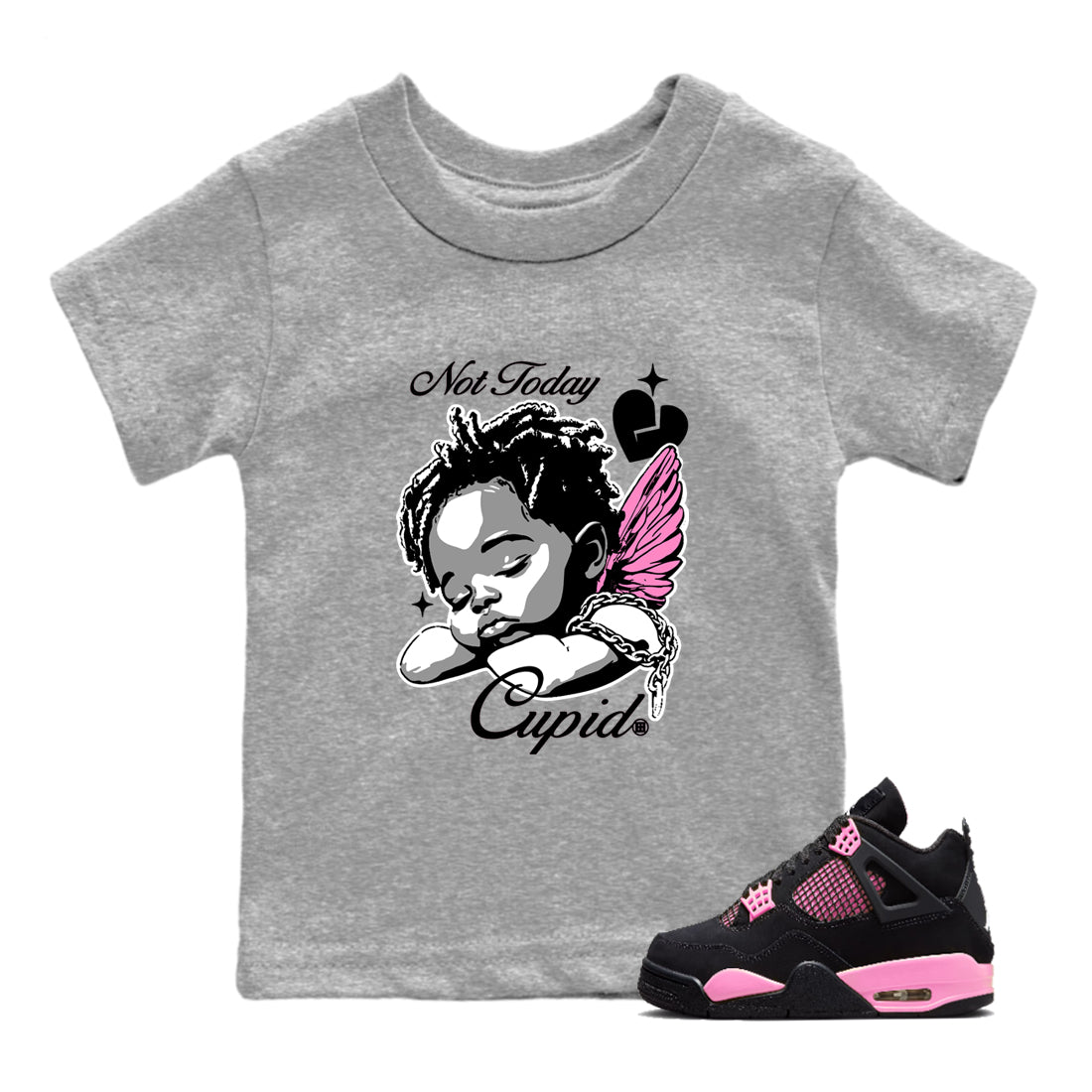 Perfect Valentine's Day Gifts graphic tee  – Sneaker Tees To Match Air Jordan 4 Pink Thunder – Not Today Cupid Kids Graphic T-Shirt Heather Grey 1