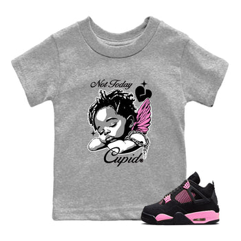 Perfect Valentine's Day Gifts graphic tee  – Sneaker Tees To Match Air Jordan 4 Pink Thunder – Not Today Cupid Kids Graphic T-Shirt Heather Grey 1