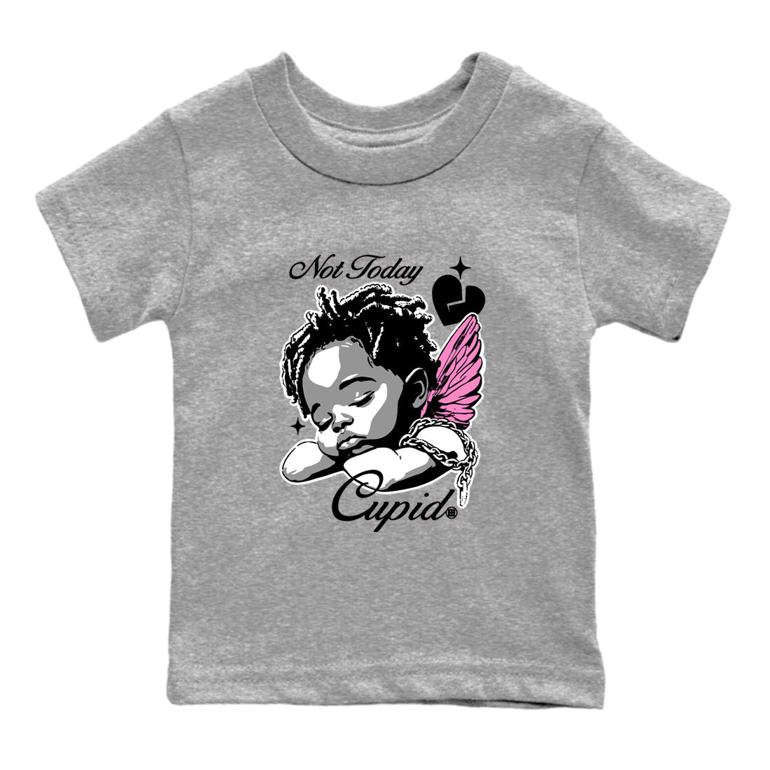 Perfect Valentine's Day Gifts graphic tee  – Sneaker Tees To Match Air Jordan 4 Pink Thunder – Not Today Cupid Kids Graphic T-Shirt Heather Grey 2