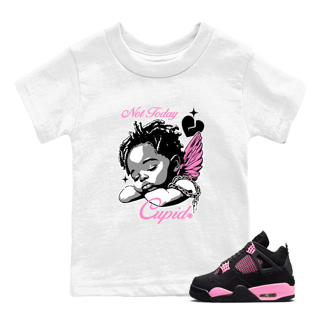 Perfect Valentine's Day Gifts graphic tee  – Sneaker Tees To Match Air Jordan 4 Pink Thunder – Not Today Cupid Kids Graphic T-Shirt White 1