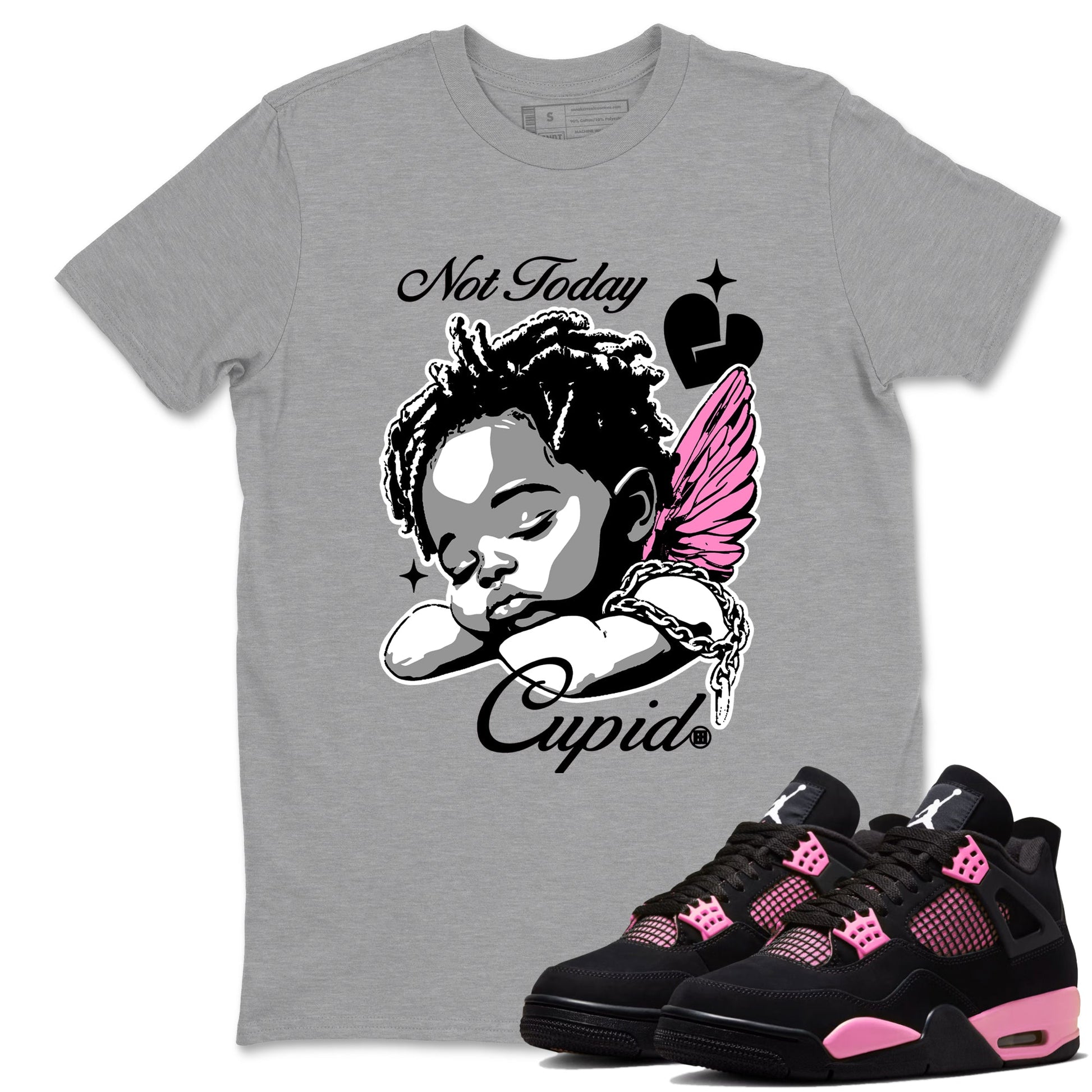 Perfect Valentine's Day Gifts graphic tee  – Sneaker Tees To Match Air Jordan 4 Pink Thunder – Not Today Cupid Tee Heather Grey 1