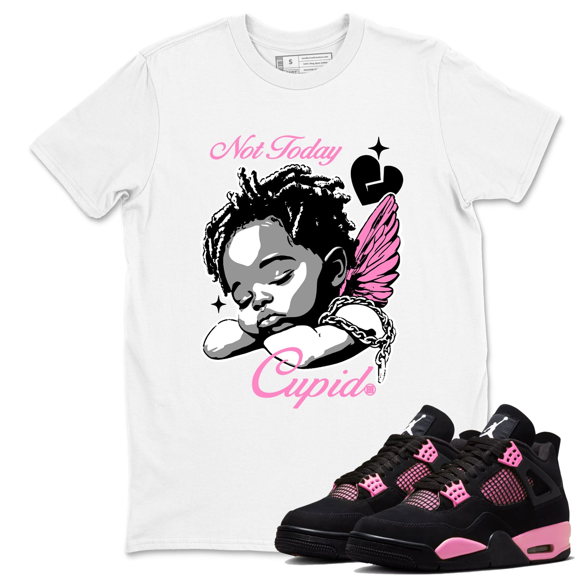 Perfect Valentine's Day Gifts graphic tee  – Sneaker Tees To Match Air Jordan 4 Pink Thunder – Not Today Cupid Tee White 1