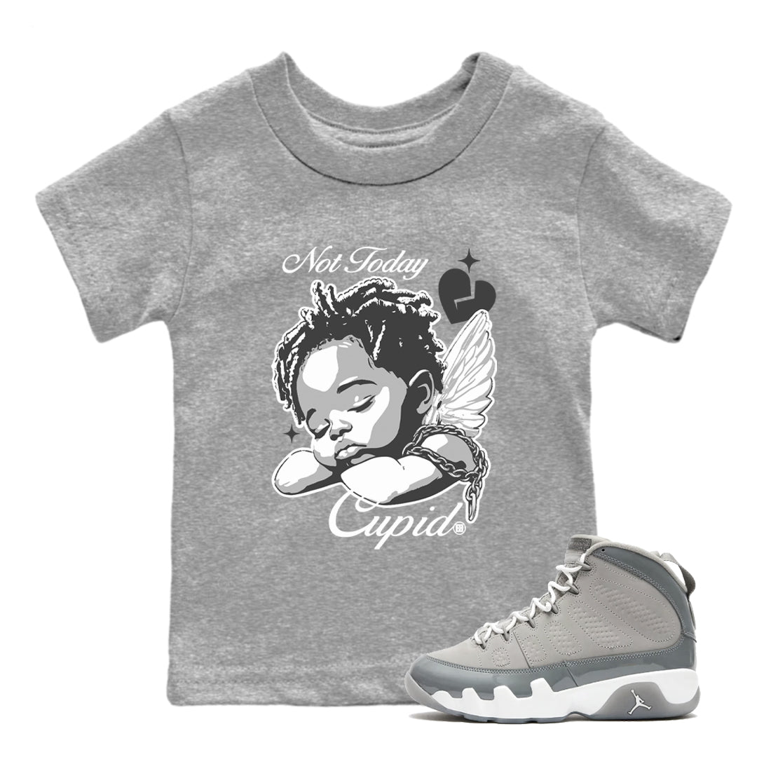 9s Cool Grey shirts to match jordans Not Today Cupid sneaker match tees Air Jordan 9 Cool Grey best t shirts to wear with jordans SNRT Sneaker Tees Youth Baby Heather Grey 1 tee