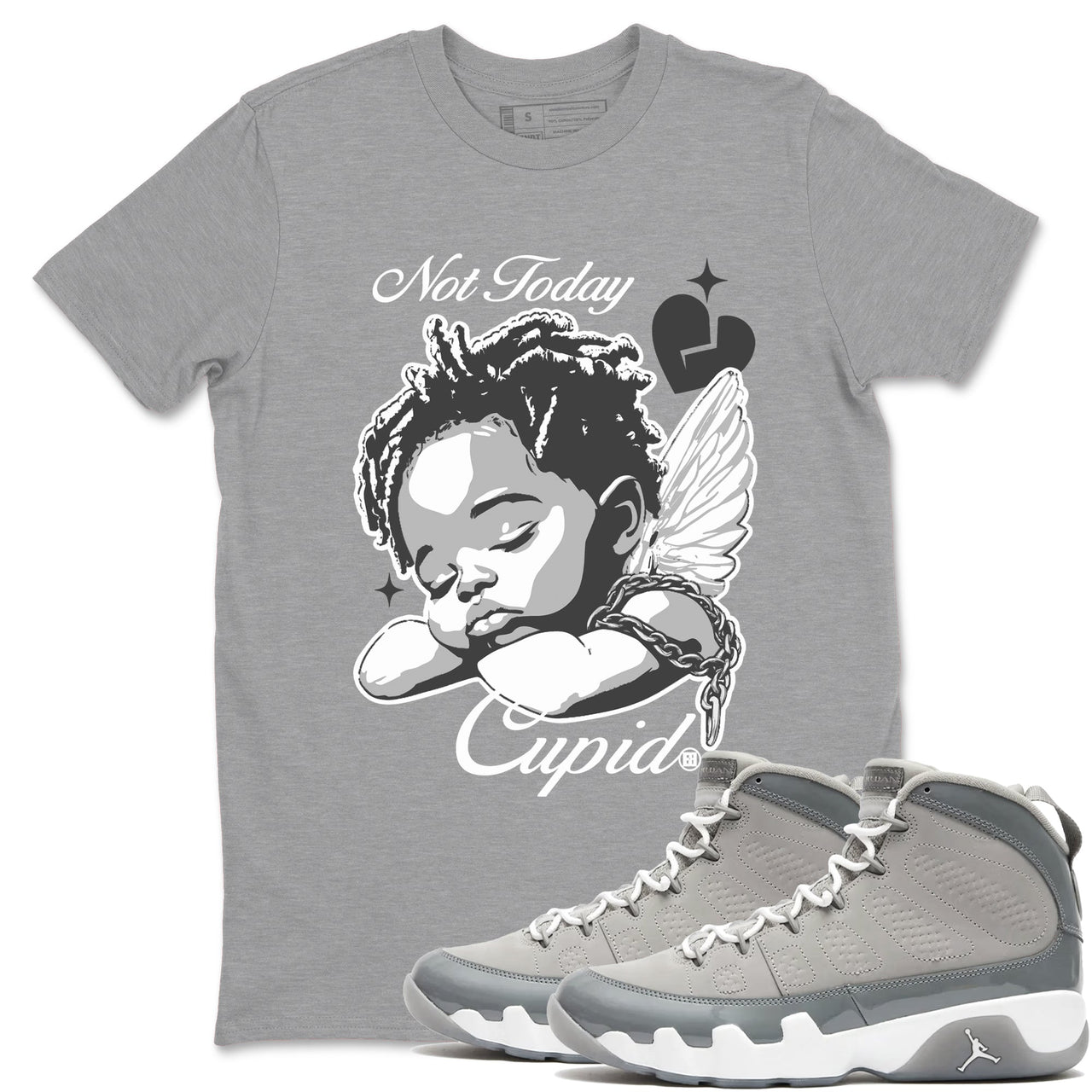 9s Cool Grey shirts to match jordans Not Today Cupid sneaker match tees Air Jordan 9 Cool Grey best t shirts to wear with jordans SNRT Sneaker Tees unisex cotton Heather Grey 1 shirts