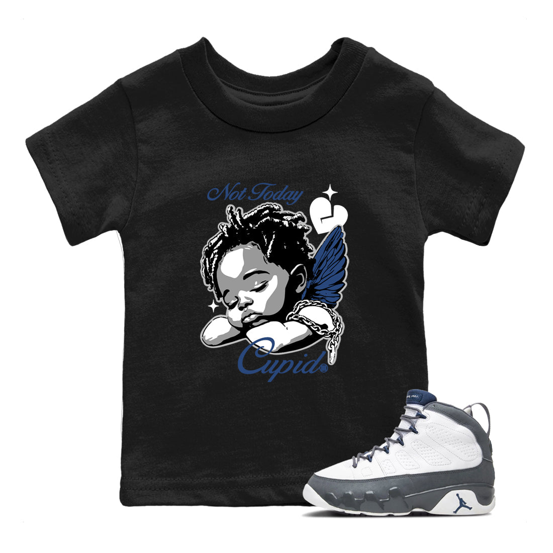 Perfect Valentine's Day Gifts graphic tee  – Sneaker Tees To Match Air Jordan 9 Flint Grey – Not Today Cupid Kids Graphic T-Shirt Black 1