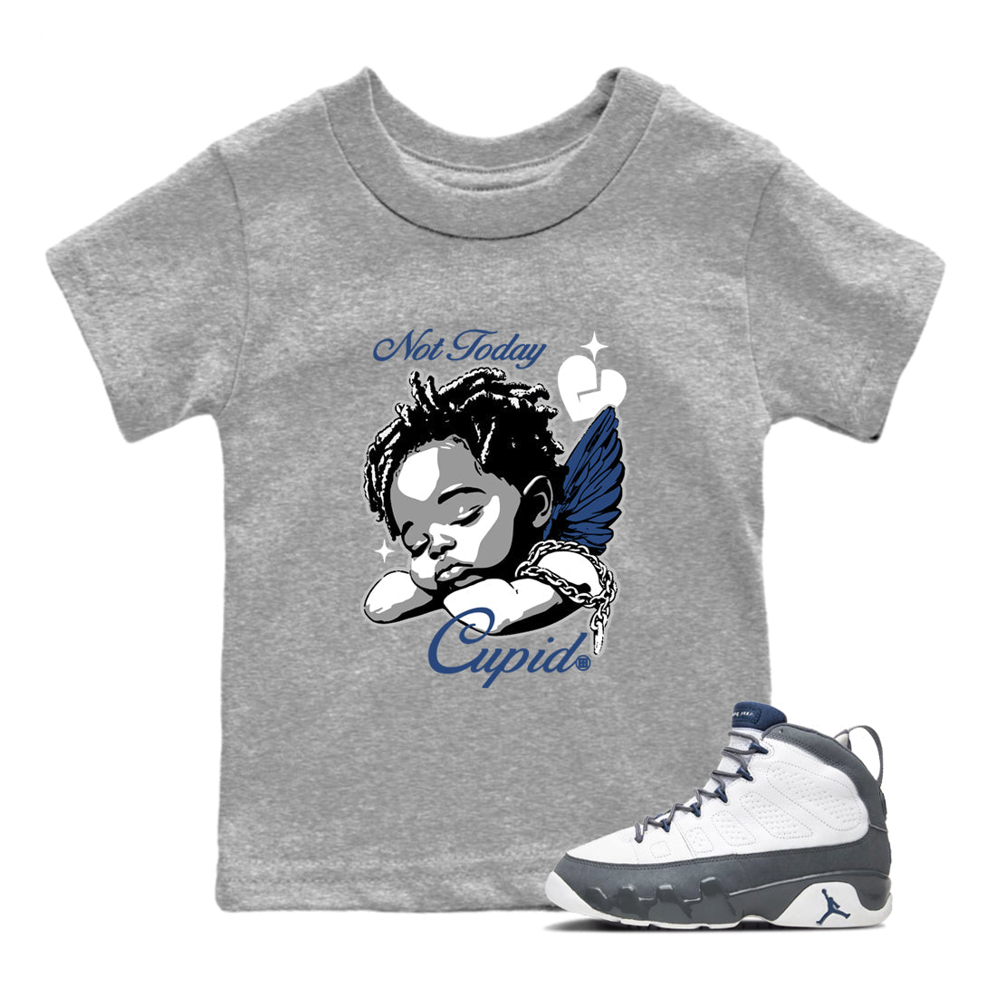 Perfect Valentine's Day Gifts graphic tee  – Sneaker Tees To Match Air Jordan 9 Flint Grey – Not Today Cupid Kids Graphic T-Shirt Heather Grey 1
