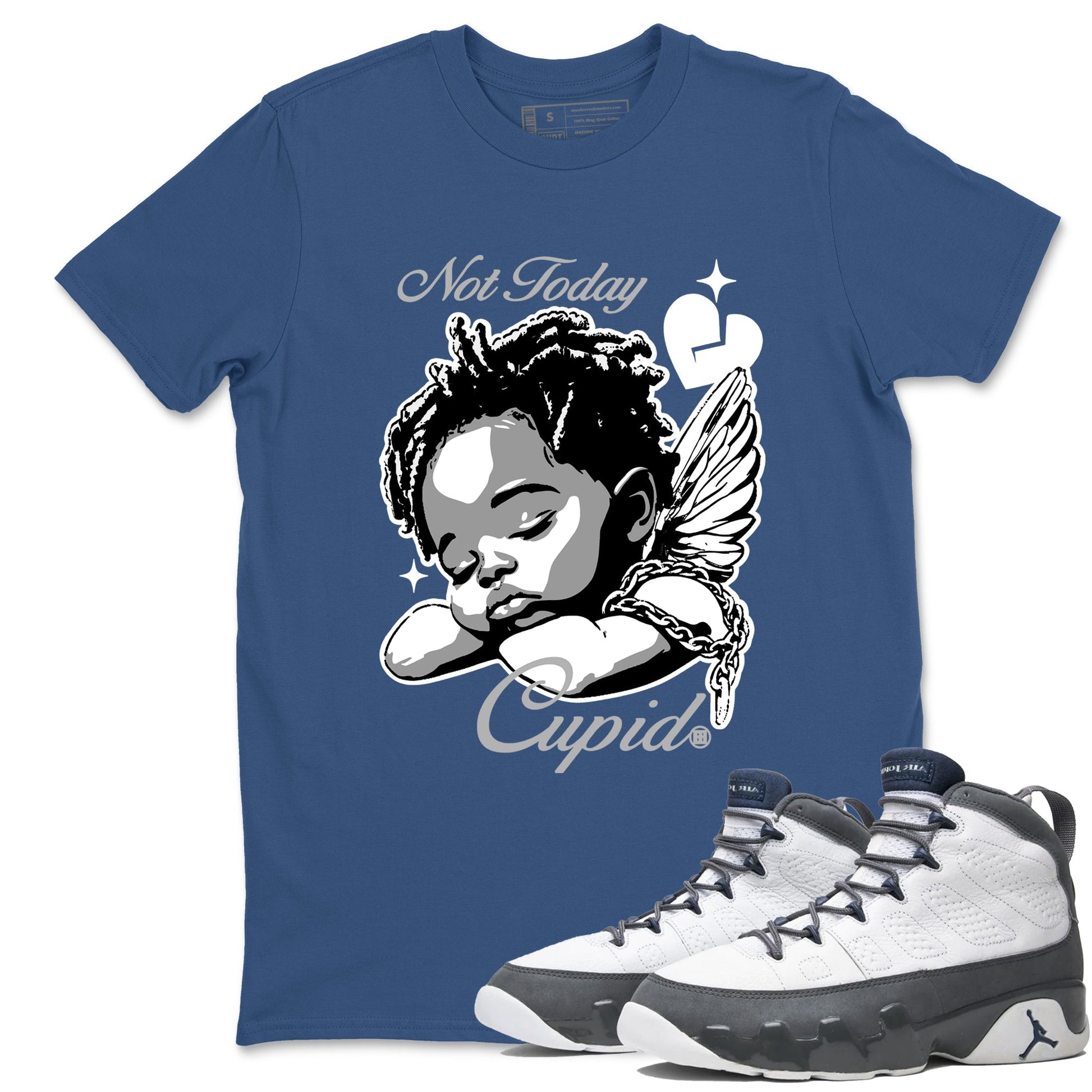 Perfect Valentine's Day Gifts graphic tee  – Sneaker Tees To Match Air Jordan 9 Flint Grey – Not Today Cupid Tee Denim Blue 1