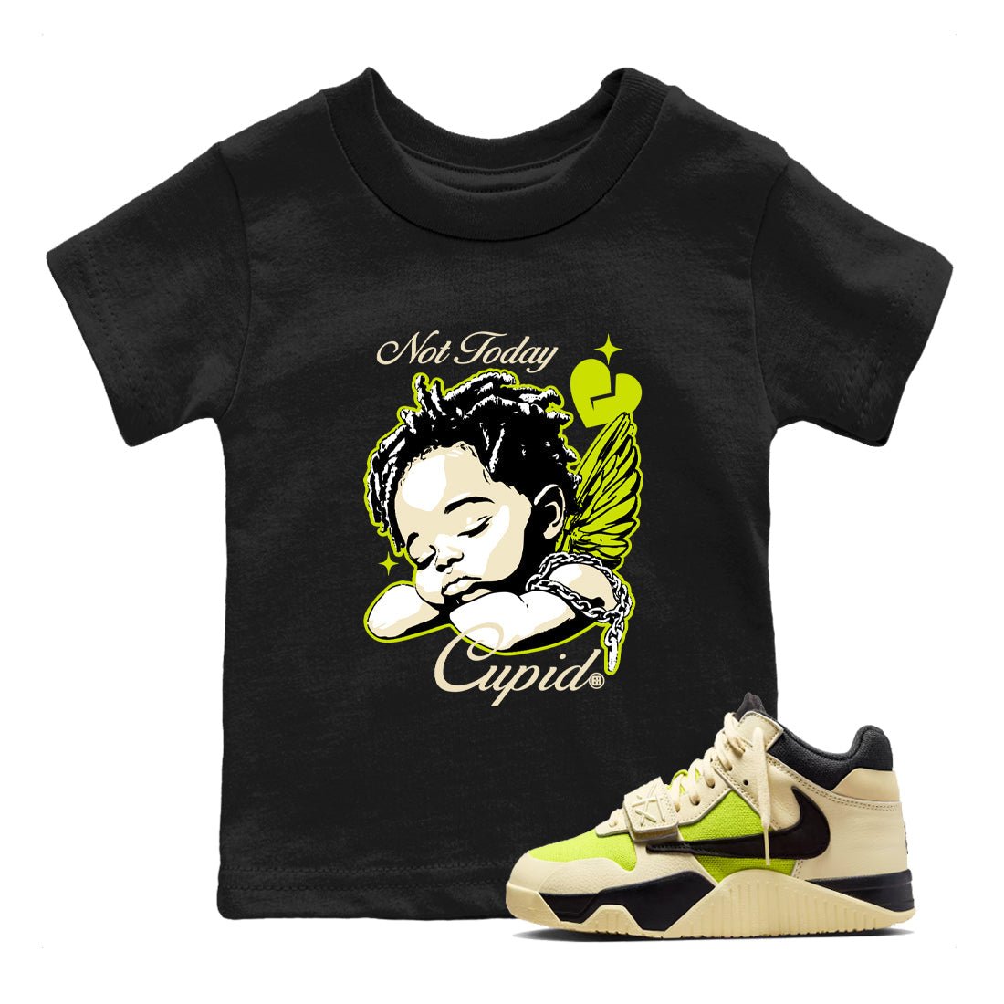 Not Today Cupid baby and kids t-shirt crafted for little sneakerheads to shine with the Jordan Jumpman Jack Travis Scott Bright Cactus sneakers, displayed in Black 1.