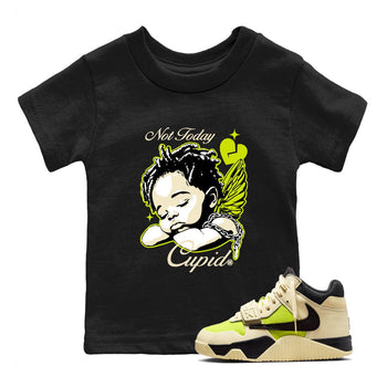 Not Today Cupid baby and kids t-shirt crafted for little sneakerheads to shine with the Jordan Jumpman Jack Travis Scott Bright Cactus sneakers, displayed in Black 1.