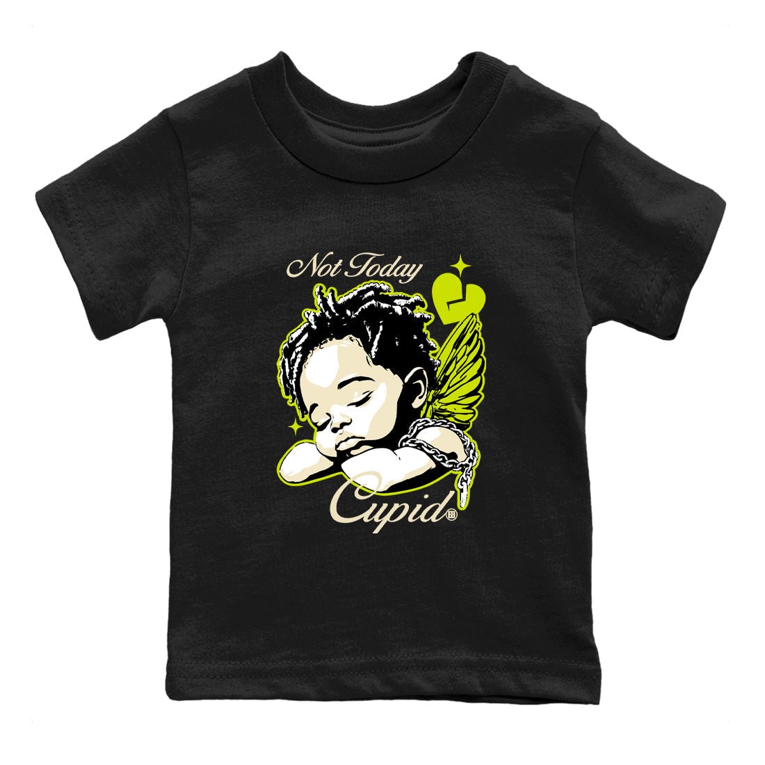 Not Today Cupid baby and kids t-shirt crafted for little sneakerheads to shine with the Jordan Jumpman Jack Travis Scott Bright Cactus sneakers, displayed in Black 2.