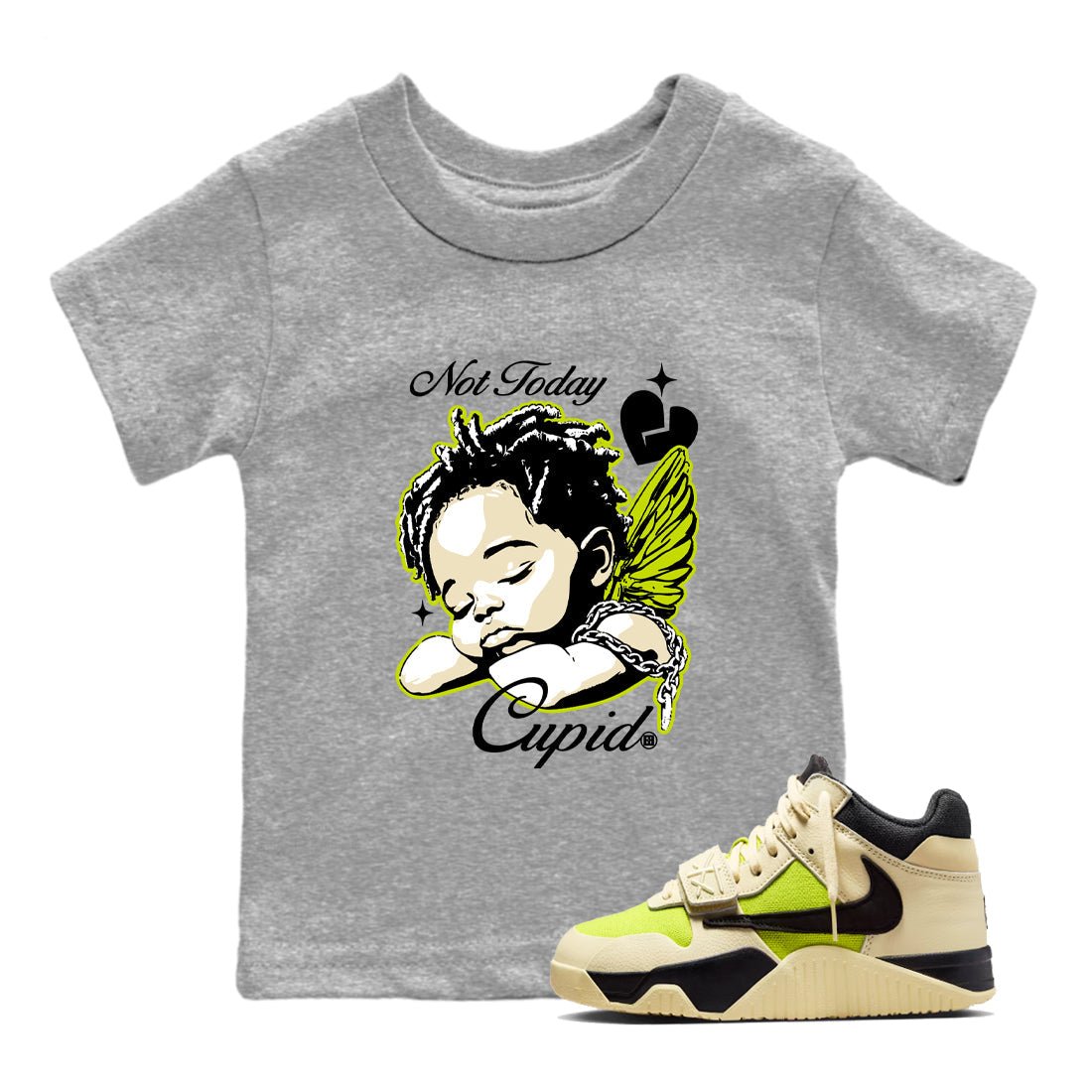 Not Today Cupid baby and kids t-shirt crafted for little sneakerheads to shine with the Jordan Jumpman Jack Travis Scott Bright Cactus sneakers, displayed in Heather Grey 1.