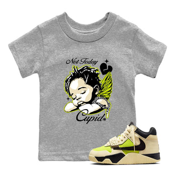 Not Today Cupid baby and kids t-shirt crafted for little sneakerheads to shine with the Jordan Jumpman Jack Travis Scott Bright Cactus sneakers, displayed in Heather Grey 1.