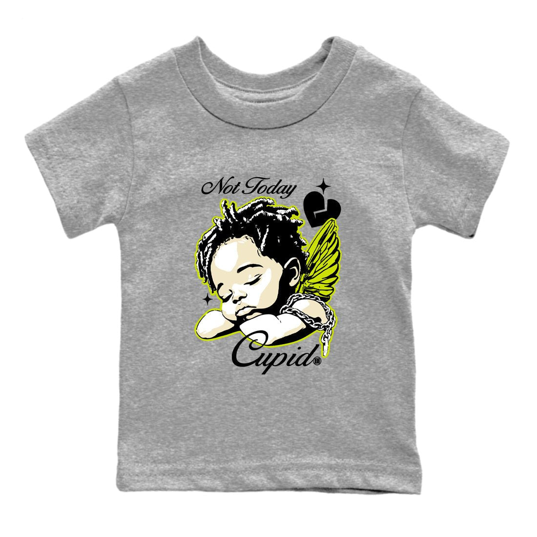 Not Today Cupid baby and kids t-shirt crafted for little sneakerheads to shine with the Jordan Jumpman Jack Travis Scott Bright Cactus sneakers, displayed in Heather Grey 2.