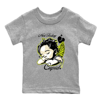 Not Today Cupid baby and kids t-shirt crafted for little sneakerheads to shine with the Jordan Jumpman Jack Travis Scott Bright Cactus sneakers, displayed in Heather Grey 2.