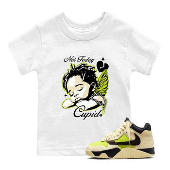 Not Today Cupid baby and kids t-shirt crafted for little sneakerheads to shine with the Jordan Jumpman Jack Travis Scott Bright Cactus sneakers, displayed in White 1.