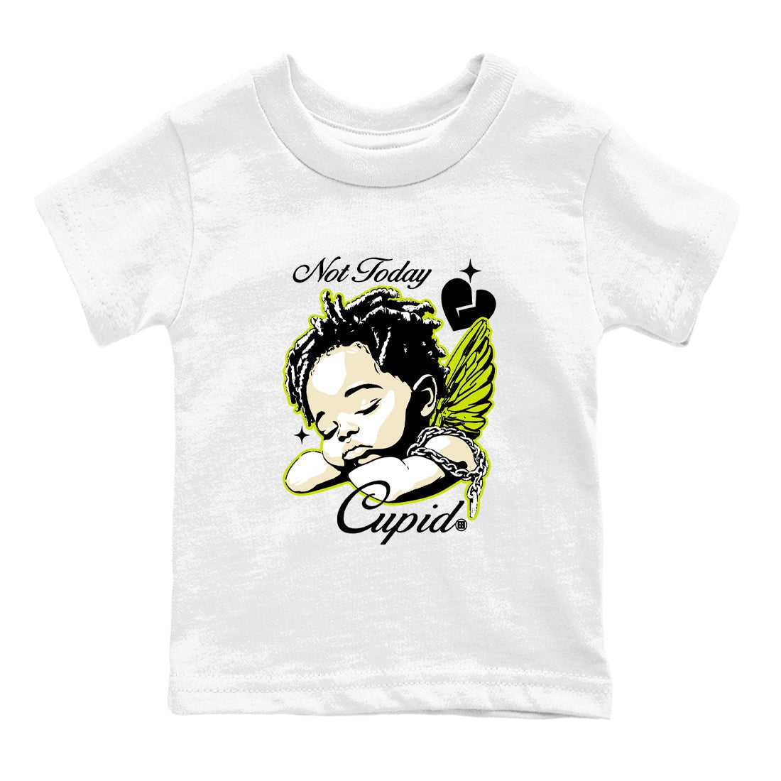 Not Today Cupid baby and kids t-shirt crafted for little sneakerheads to shine with the Jordan Jumpman Jack Travis Scott Bright Cactus sneakers, displayed in White 2.