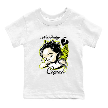 Not Today Cupid baby and kids t-shirt crafted for little sneakerheads to shine with the Jordan Jumpman Jack Travis Scott Bright Cactus sneakers, displayed in White 2.