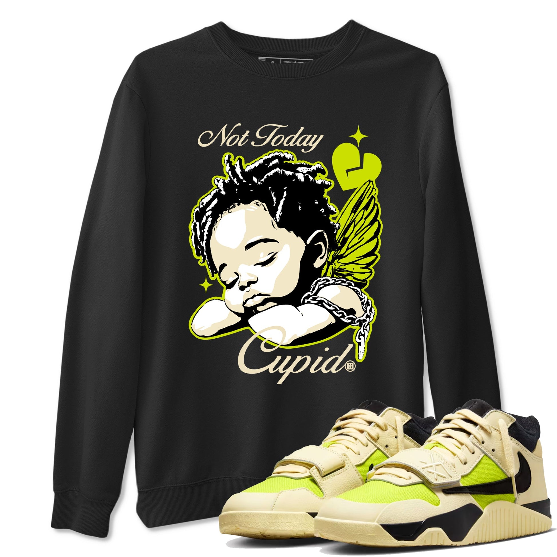 Not Today Cupid sneaker match t-shirt styled to complete your fit with the Jordan Jumpman Jack Travis Scott Bright Cactus sneakers, shown in Black 1.