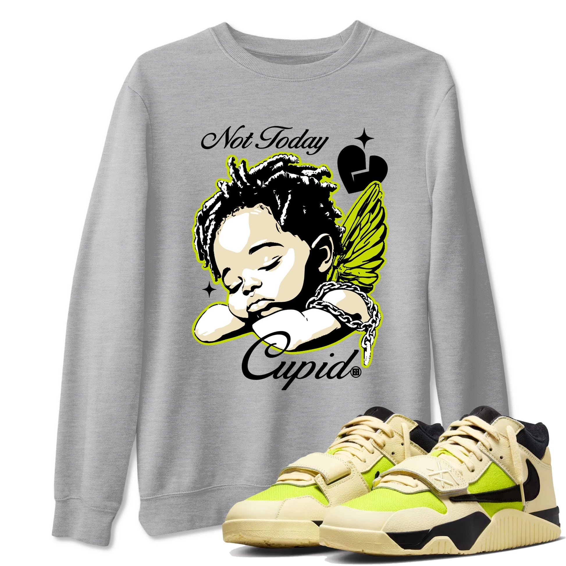 Not Today Cupid sneaker match t-shirt styled to complete your fit with the Jordan Jumpman Jack Travis Scott Bright Cactus sneakers, shown in Heather Grey 1.