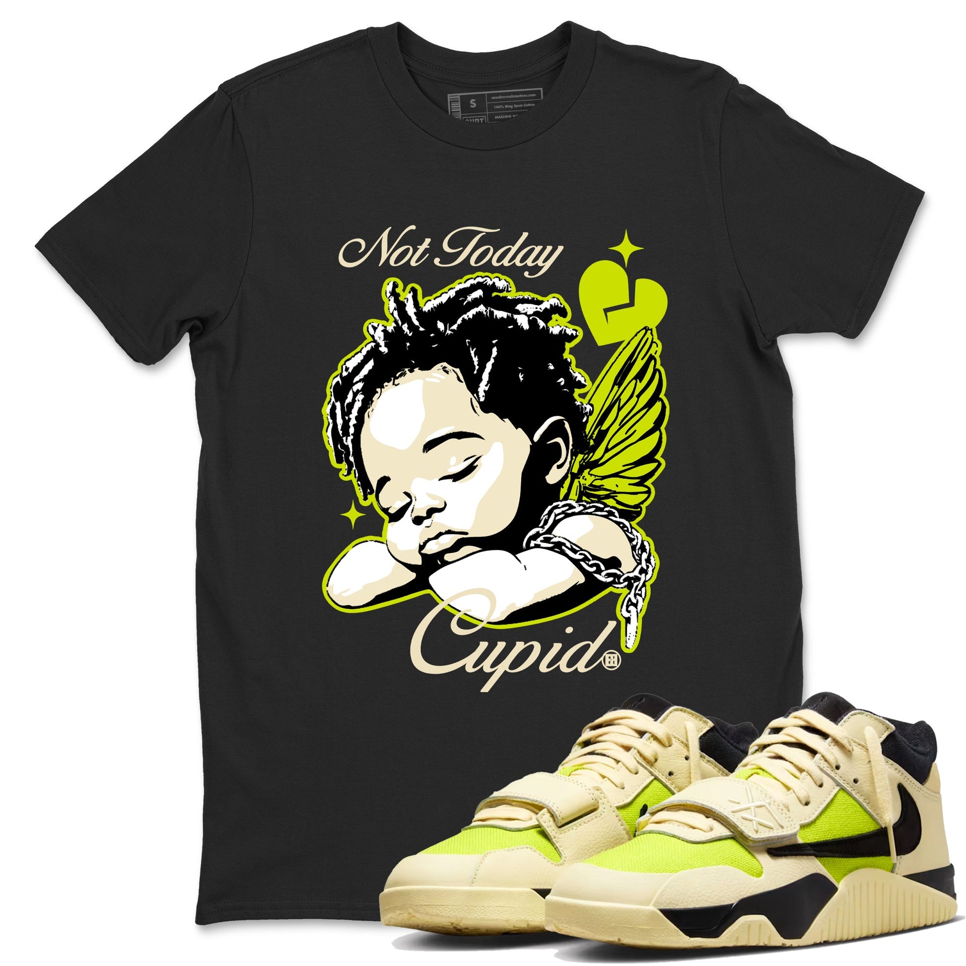 Not Today Cupid sneaker match t-shirt styled to complete your fit with the Jordan Jumpman Jack Travis Scott Bright Cactus sneakers, shown in Black 1.