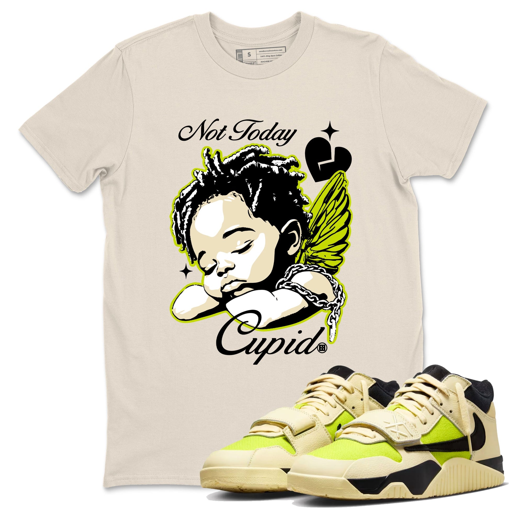 Not Today Cupid sneaker match t-shirt styled to complete your fit with the Jordan Jumpman Jack Travis Scott Bright Cactus sneakers, shown in Natural 1.