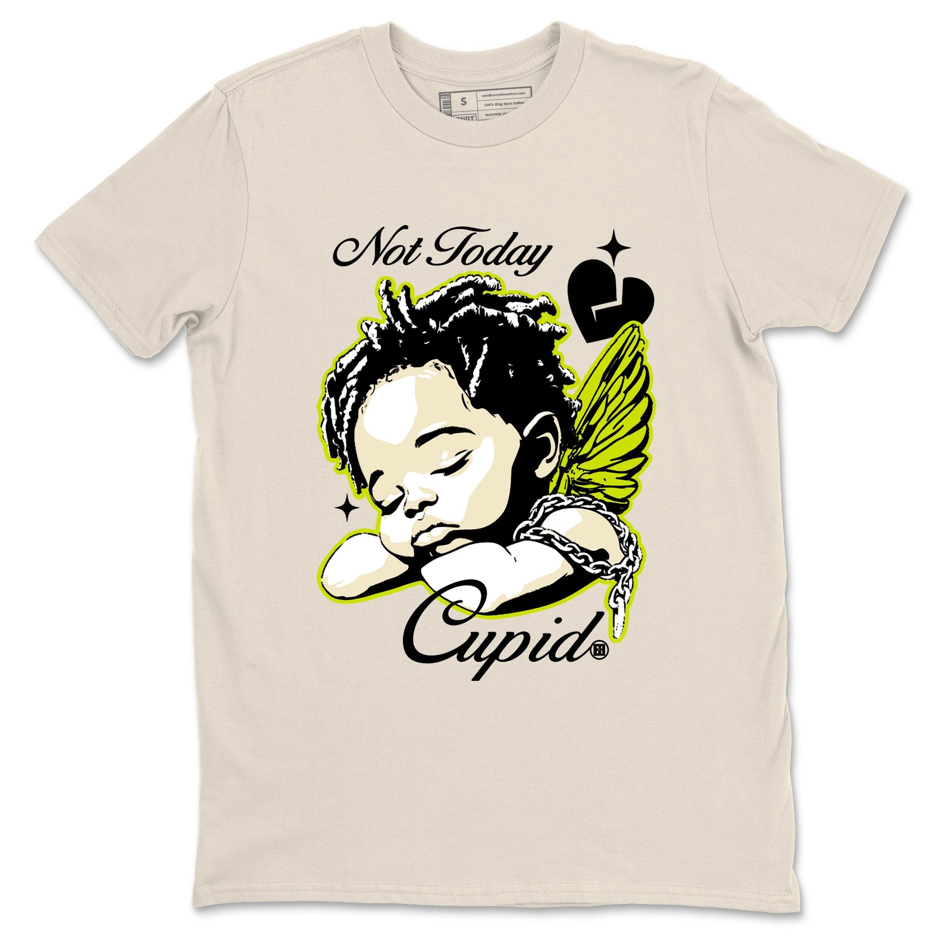 Not Today Cupid sneaker match t-shirt styled to complete your fit with the Jordan Jumpman Jack Travis Scott Bright Cactus sneakers, shown in Natural 2.