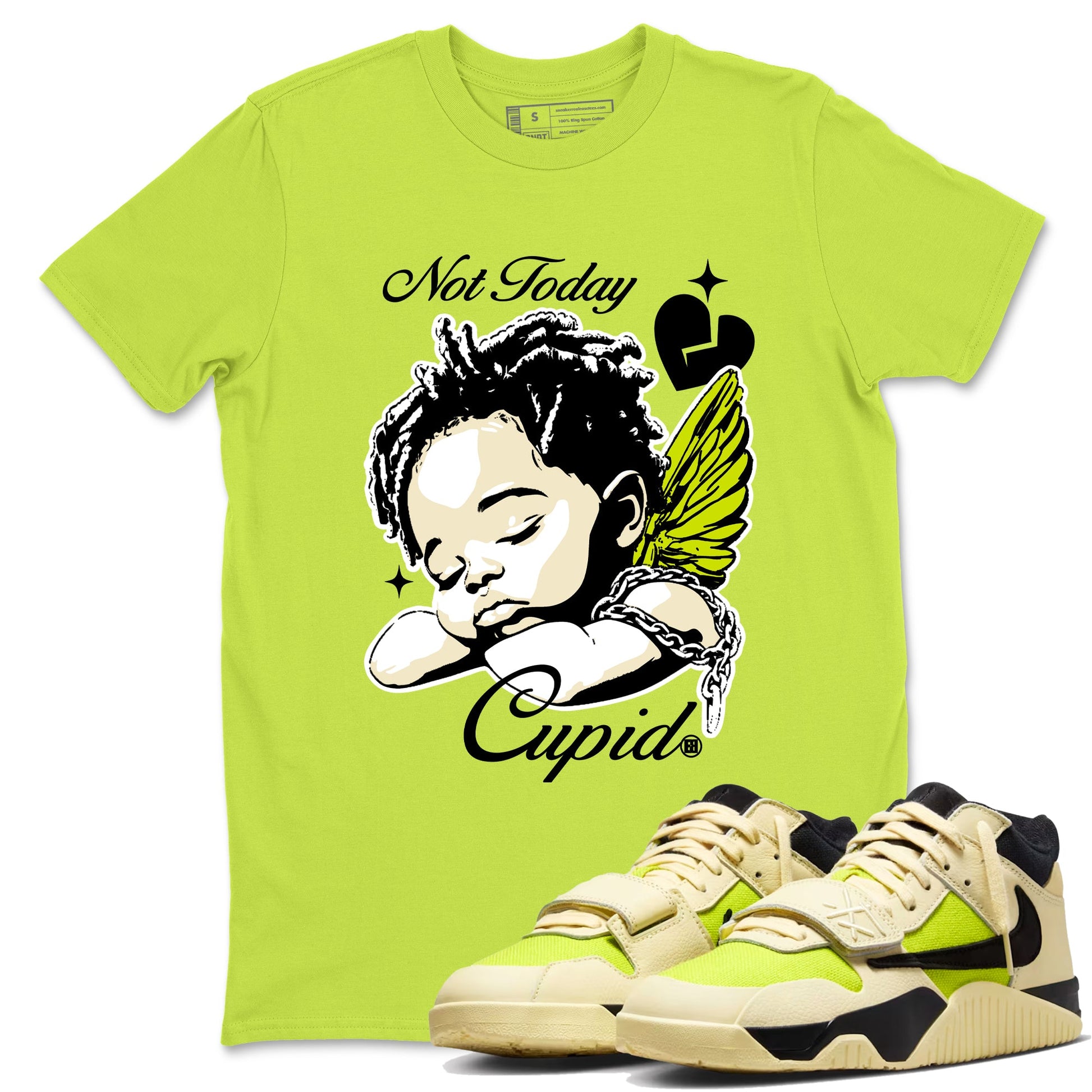 Not Today Cupid sneaker match t-shirt styled to complete your fit with the Jordan Jumpman Jack Travis Scott Bright Cactus sneakers, shown in Safety Green 1.