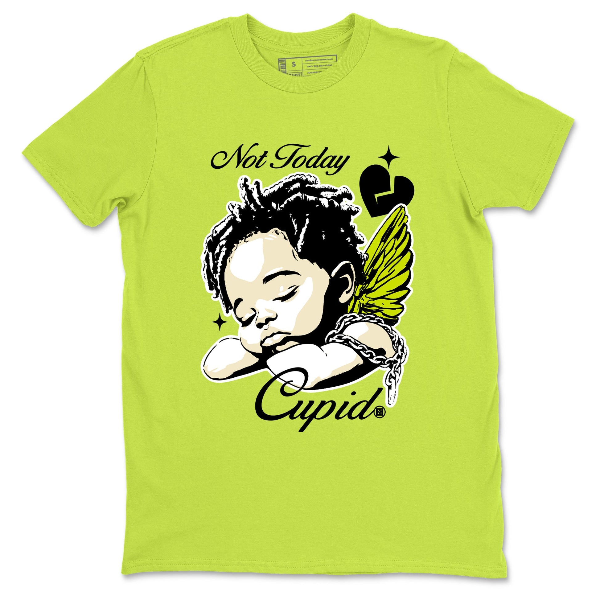 Not Today Cupid sneaker match t-shirt styled to complete your fit with the Jordan Jumpman Jack Travis Scott Bright Cactus sneakers, shown in Safety Green 2.