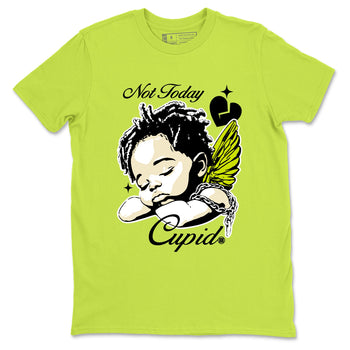 Not Today Cupid sneaker match t-shirt styled to complete your fit with the Jordan Jumpman Jack Travis Scott Bright Cactus sneakers, shown in Safety Green 2.