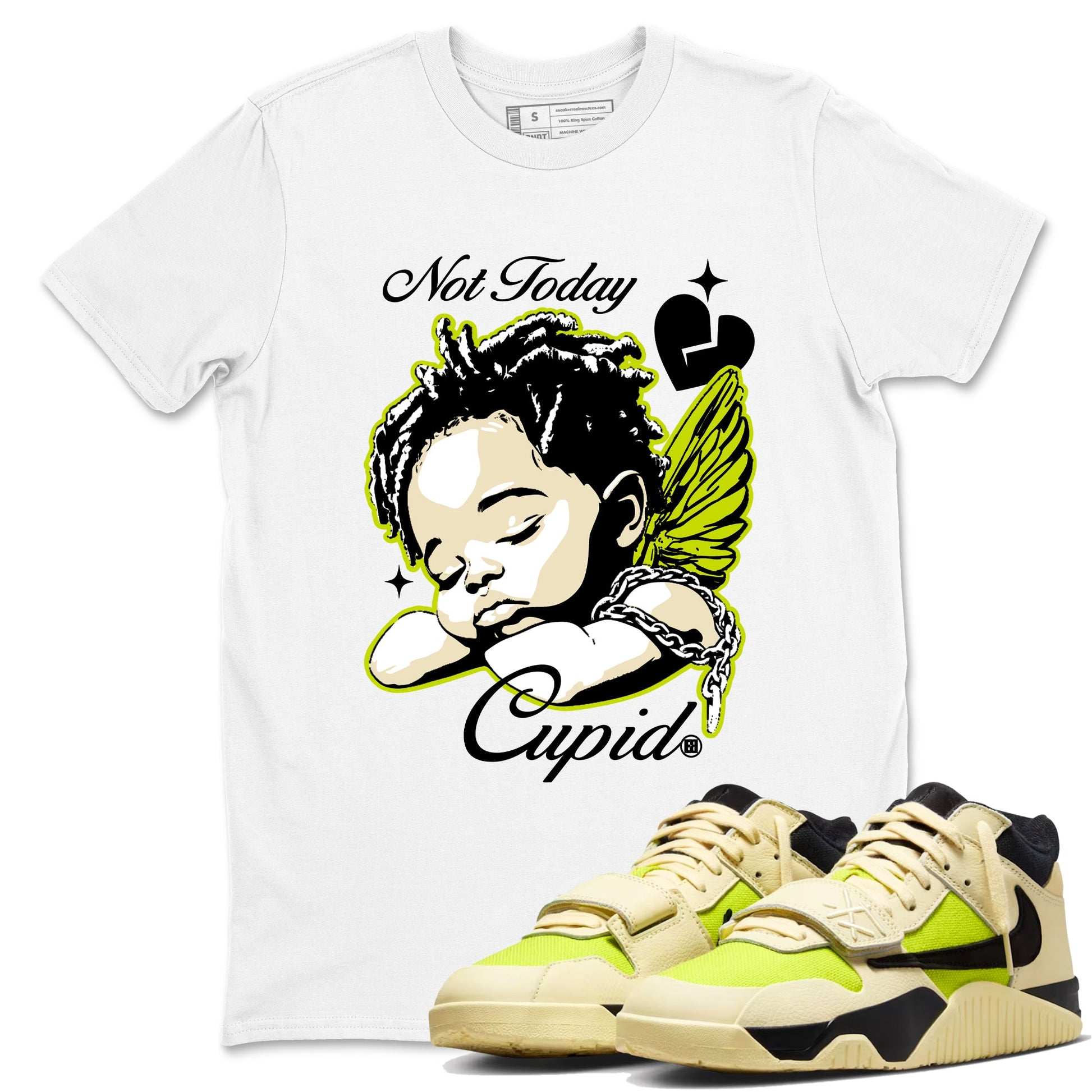Not Today Cupid sneaker match t-shirt styled to complete your fit with the Jordan Jumpman Jack Travis Scott Bright Cactus sneakers, shown in White 1.