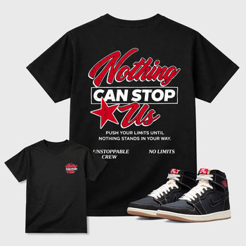 Nothing Can Stop Usgraphic t-shirt. Streetwear sneakerfit. Sneaker outfit. Complete your fit with the Air Jordan 1 Flight Club sneakers, shown in Black.
