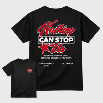 Nothing Can Stop Usgraphic t-shirt. Streetwear sneakerfit. Sneaker outfit. Complete your fit with the AJ1 Flight Club sneakers,, shown in Black.