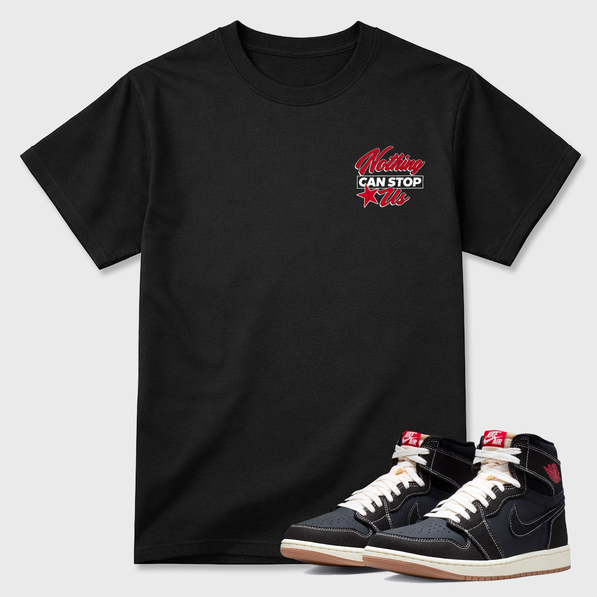 Nothing Can Stop Usgraphic t-shirt. Streetwear sneakerfit. Sneaker outfit. Complete your fit with the AJ1 Flight Club sneakers,, shown in Black.