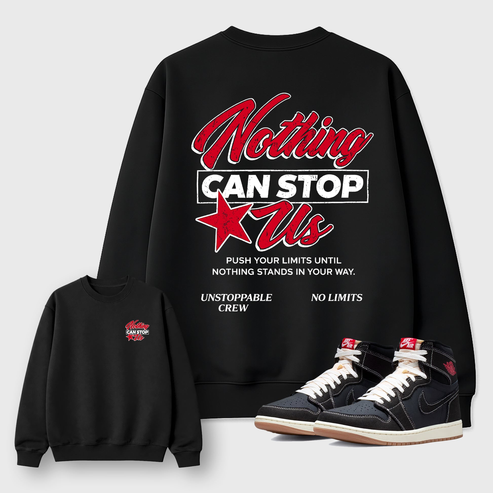Nothing Can Stop Usgraphic t-shirt. Streetwear sneakerfit. Sneaker outfit. Complete your fit with the AJ1 Flight Club sneakers,, shown in Black.
