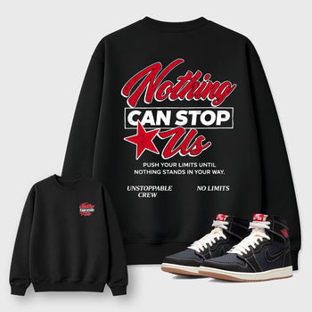 Nothing Can Stop Usgraphic t-shirt. Streetwear sneakerfit. Sneaker outfit. Complete your fit with the AJ1 Flight Club sneakers,, shown in Black.