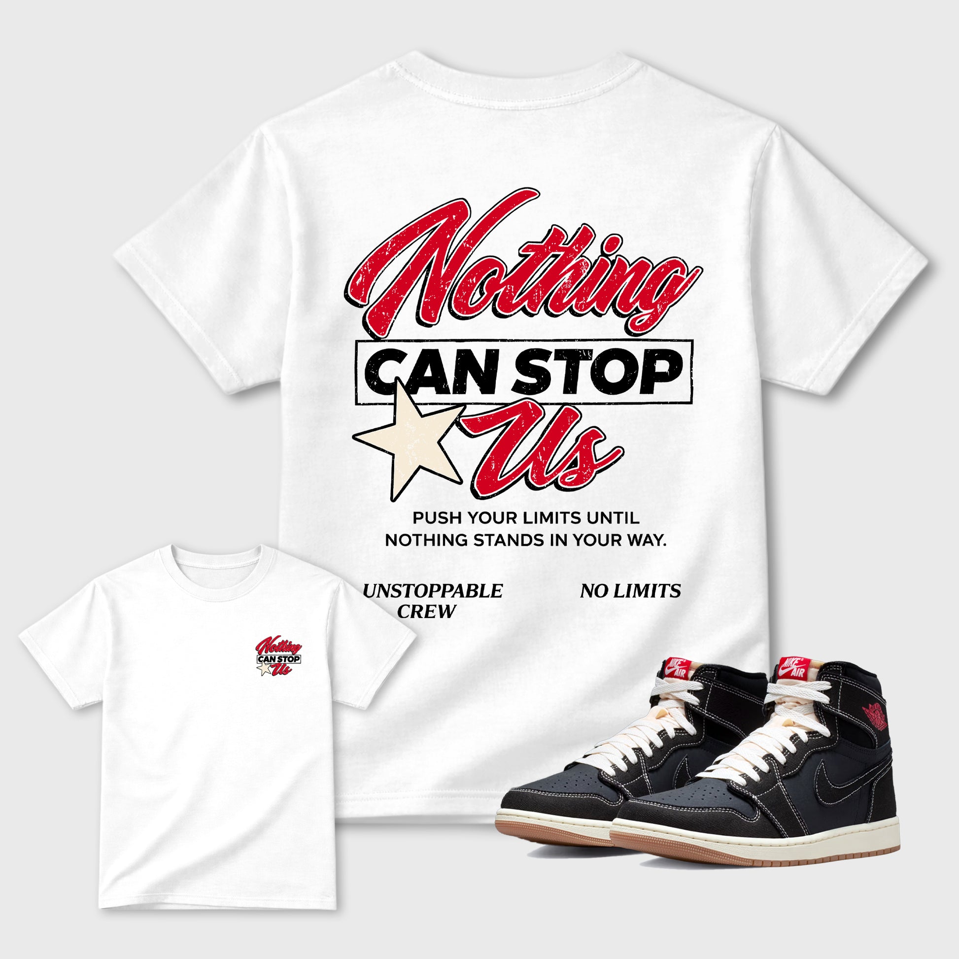Nothing Can Stop Usgraphic t-shirt. Streetwear sneakerfit. Sneaker outfit. Complete your fit with the AJ1 Flight Club sneakers,, shown in White.