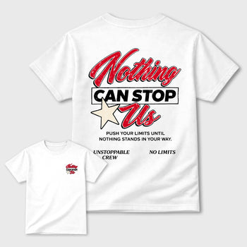 Nothing Can Stop Usgraphic t-shirt. Streetwear sneakerfit. Sneaker outfit. Complete your fit with the AJ1 Flight Club sneakers,, shown in White.