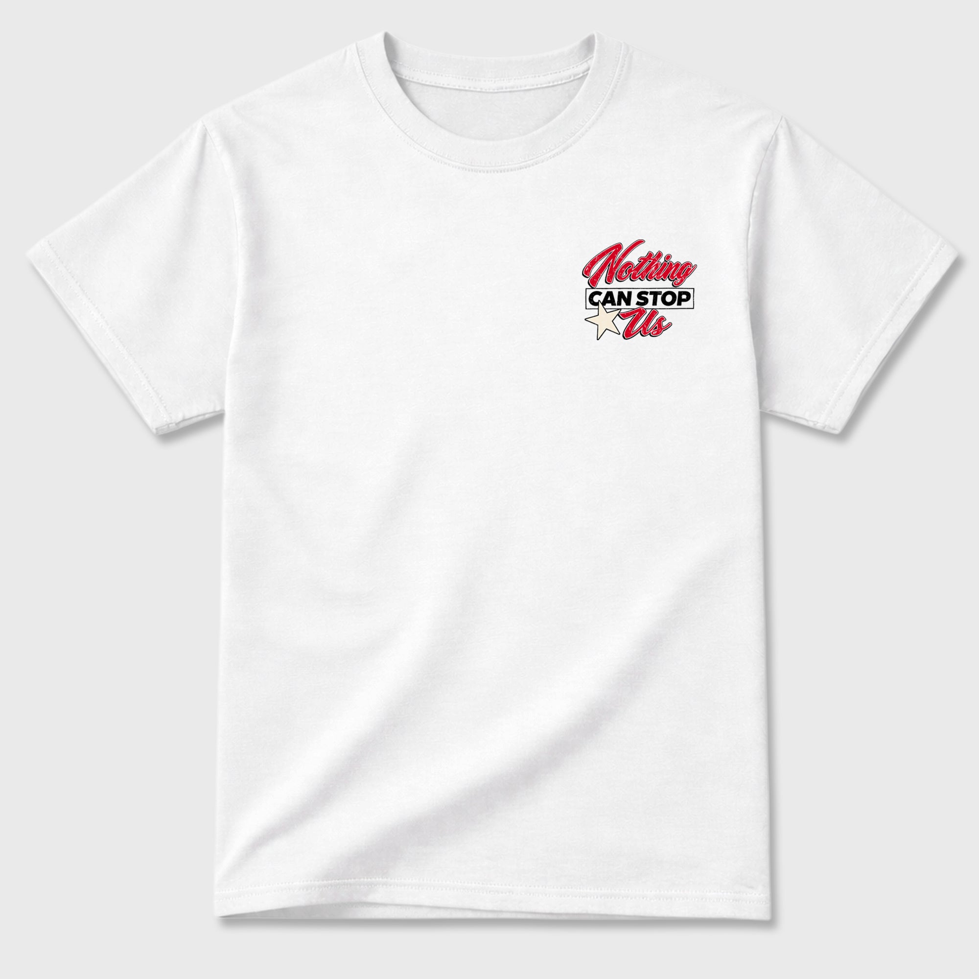 Nothing Can Stop Usgraphic t-shirt. Streetwear sneakerfit. Sneaker outfit. Complete your fit with the AJ1 Flight Club sneakers,, shown in White.