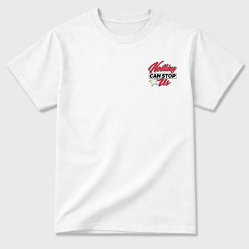 Nothing Can Stop Usgraphic t-shirt. Streetwear sneakerfit. Sneaker outfit. Complete your fit with the AJ1 Flight Club sneakers,, shown in White.