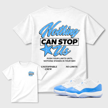 Nothing Can Stop Usgraphic t-shirt. Streetwear sneakerfit. Sneaker outfit. Complete your fit with the Air Jordan 11 University Blue sneakers, shown in White.