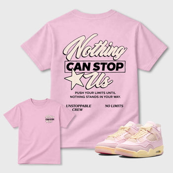 Nothing Can Stop Us graphic t-shirt, Double side styled graphic shirts to complete your fit with the 4s Iced Carmine sneakers, shown in Pink.