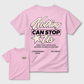 Nothing Can Stop Us graphic t-shirt, Double side styled graphic shirts to complete your fit with the 4s Iced Carmine sneakers, shown in Pink.