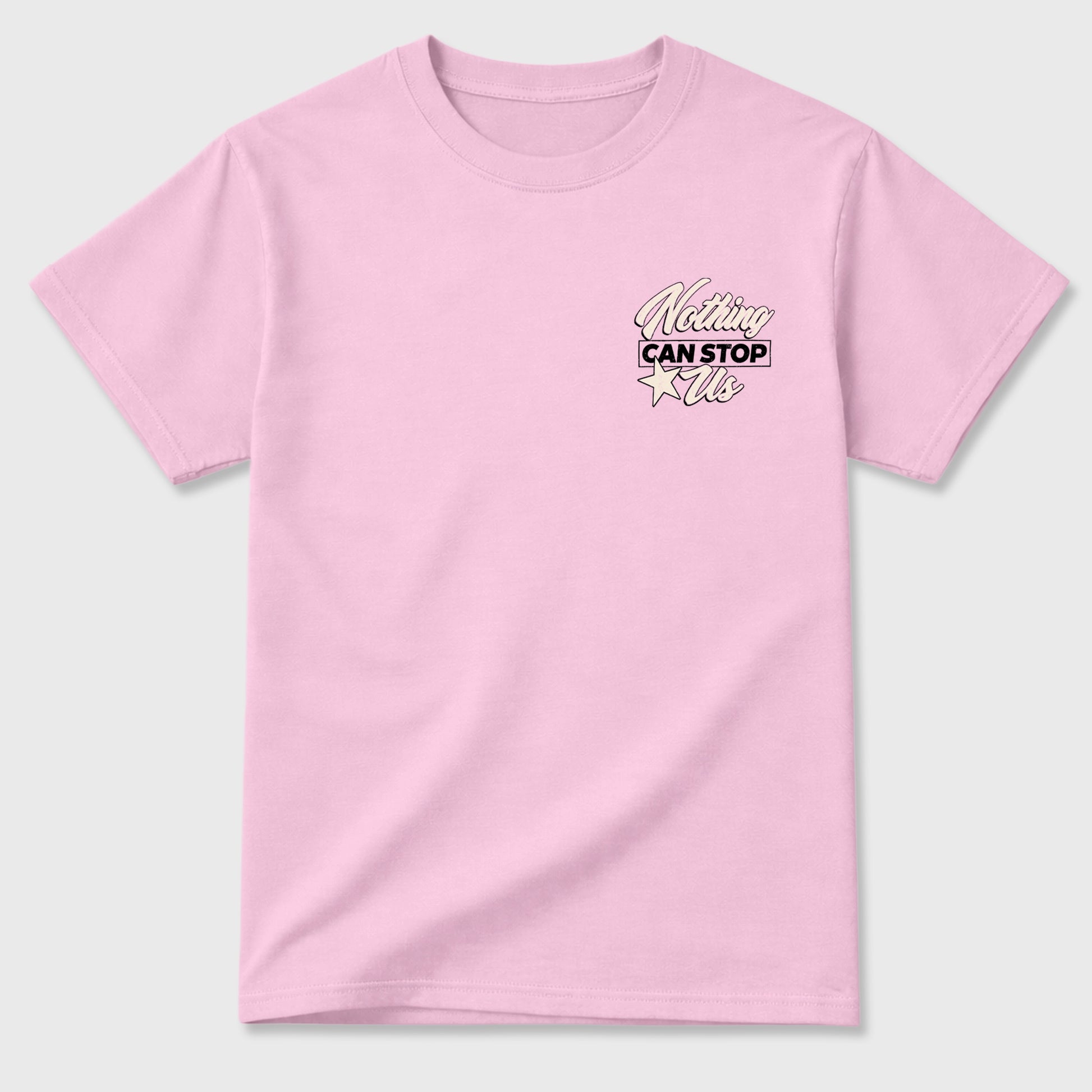 Nothing Can Stop Us graphic t-shirt, Double side styled graphic shirts to complete your fit with the 4s Iced Carmine sneakers, shown in Pink.
