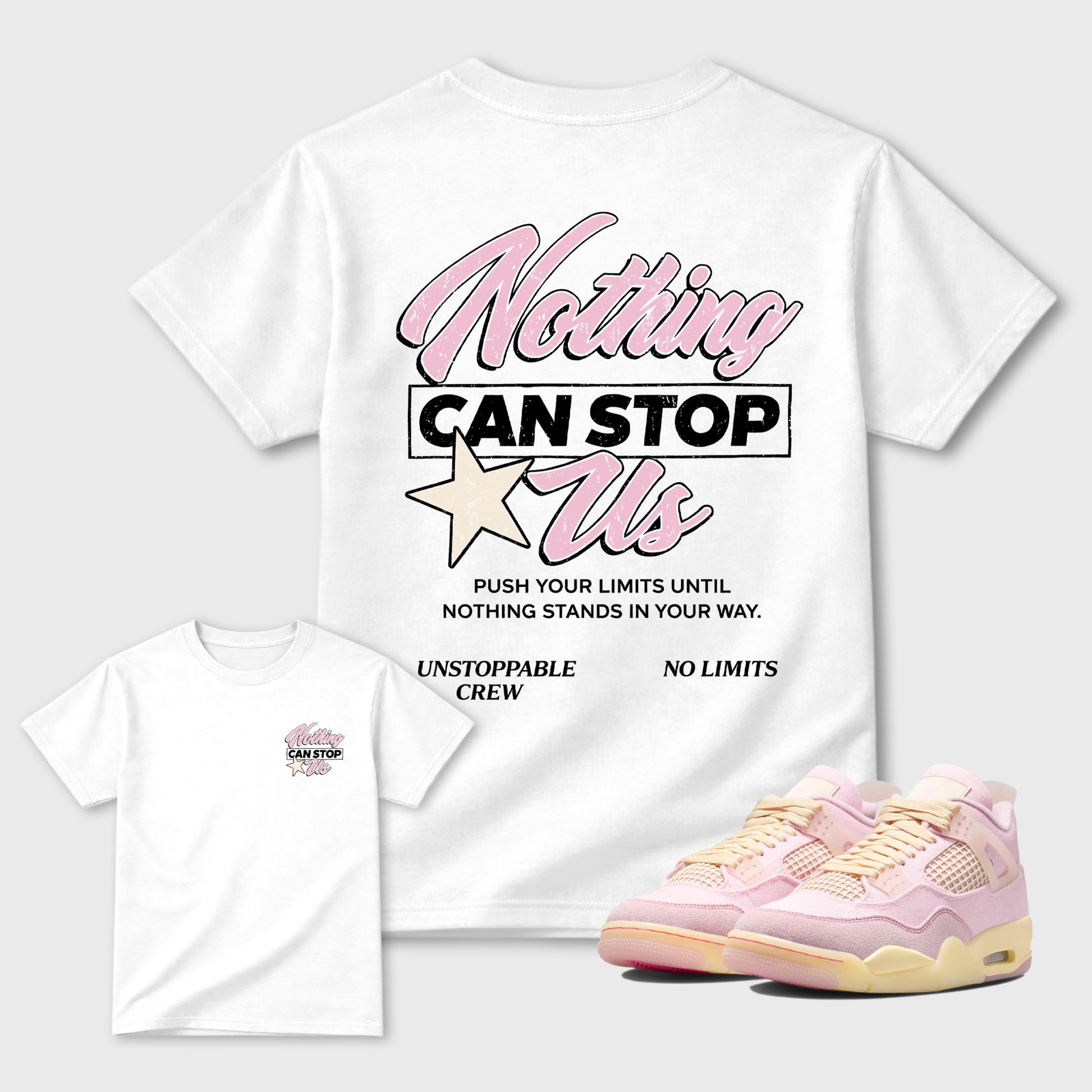 Nothing Can Stop Us graphic t-shirt, Double side styled graphic shirts to complete your fit with the Air Jordan 4 Iced Carmine sneakers, shown in White.