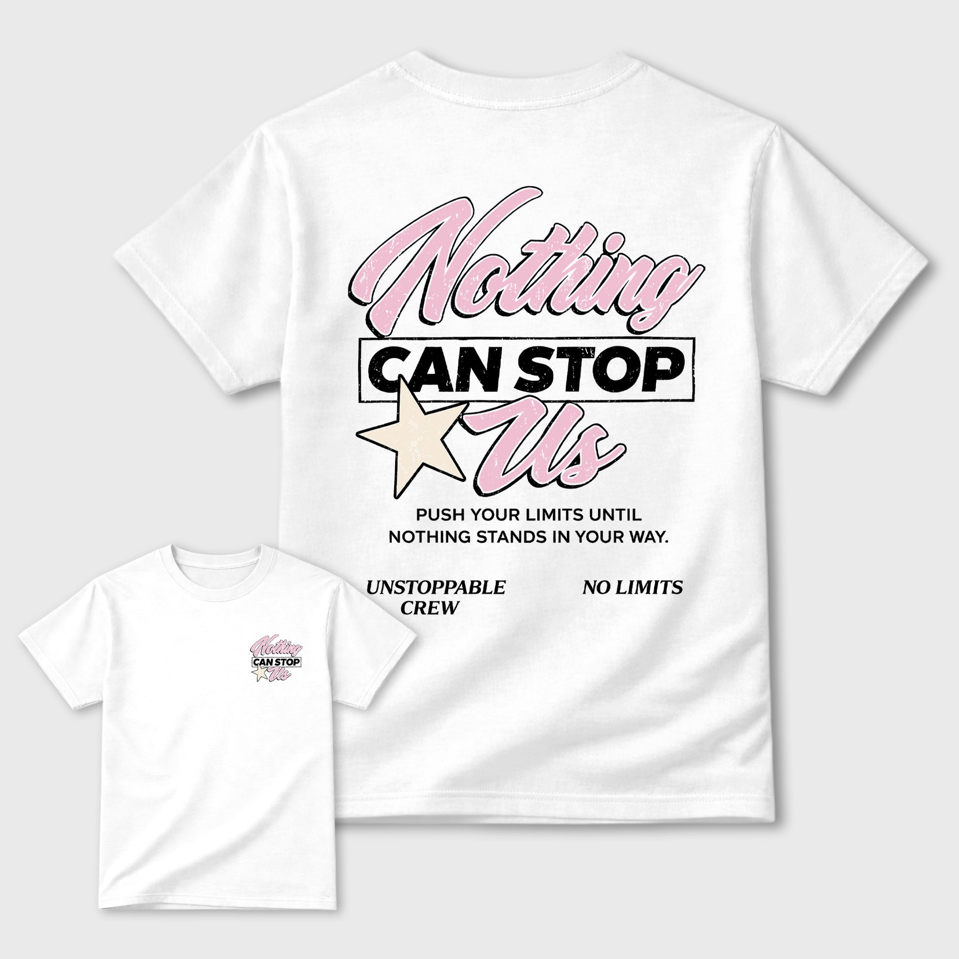 Nothing Can Stop Us graphic t-shirt, Double side styled graphic shirts to complete your fit with the 4s Iced Carmine sneakers, shown in White.